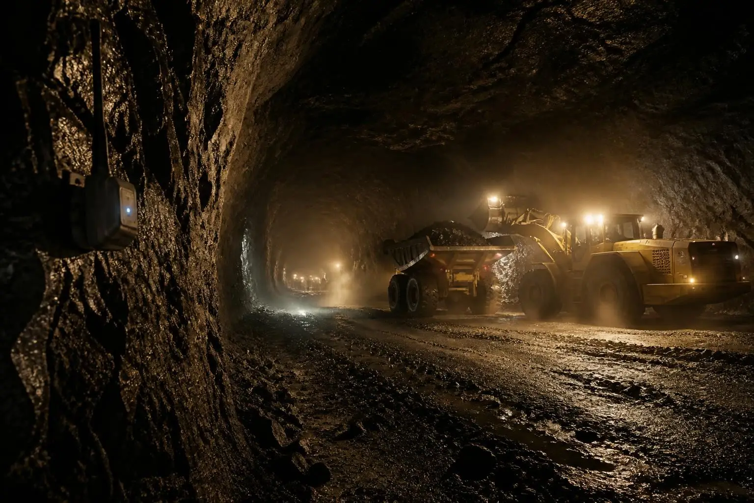 Operación minera subterránea con equipos pesados e iluminación industrial